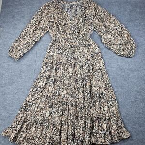 Ulla Johnson Anzu Midi Dress Womens 2 Marbled Print Neutral Tiered Cottage